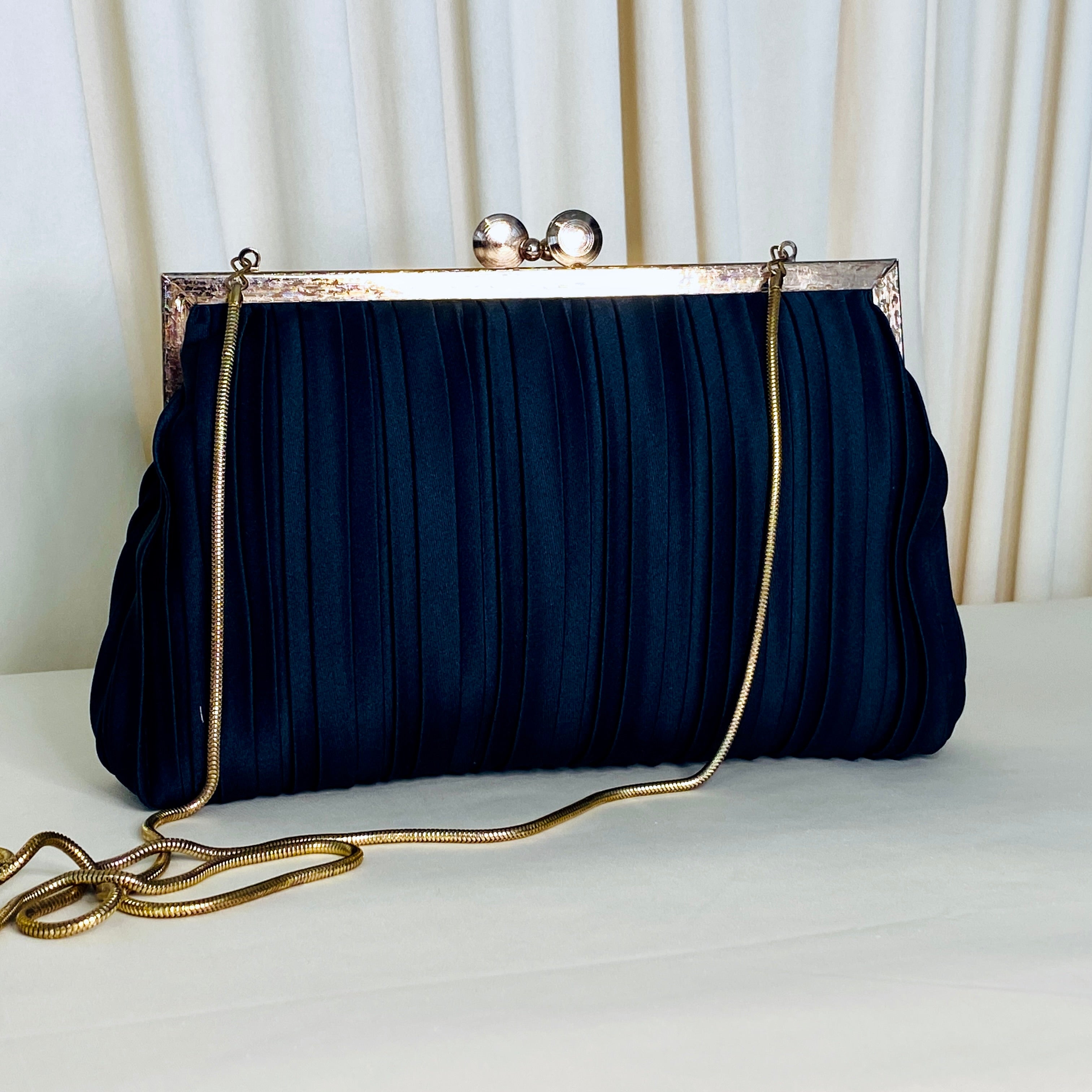 Vintage Henry Birks Black Pleated Satin Evening Bag – Gold Frame & Chain