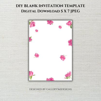 DIY Blank Template Invitation with Pink Peonies ( 5x7)