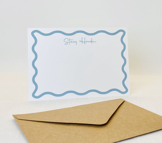Dusty Blue Wavy Border Personalized Flat Notecard, Pack of 10 - Gallery360 Designs