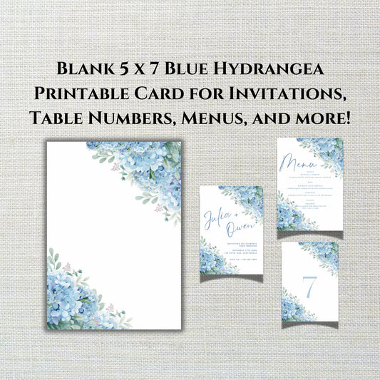 DIY Blank Template Invitation with Blue Hydrangeas ( 5x7)