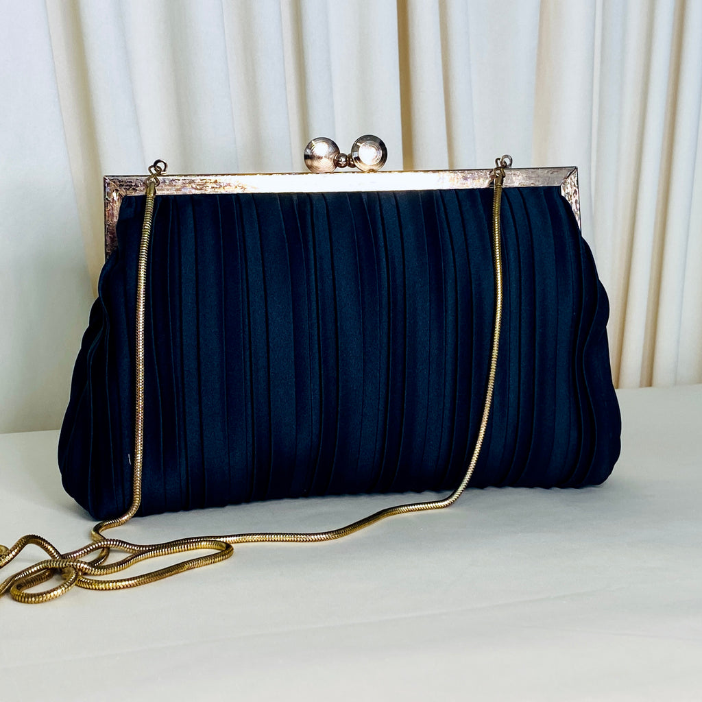 Vintage Henry Birks Black Pleated Satin Evening Bag – Gold Frame & Chain
