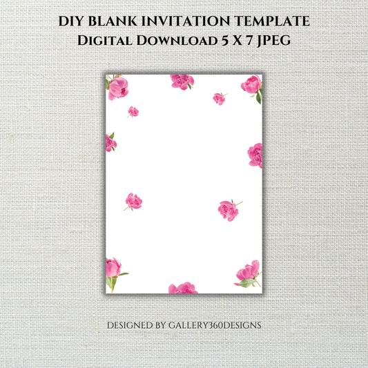 DIY Blank Template Invitation with Pink Peonies ( 5x7)