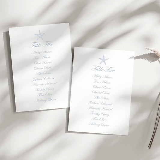 Starfish Beach Wedding Seating Chart: Dusty Blue Calligraphy with free personalization