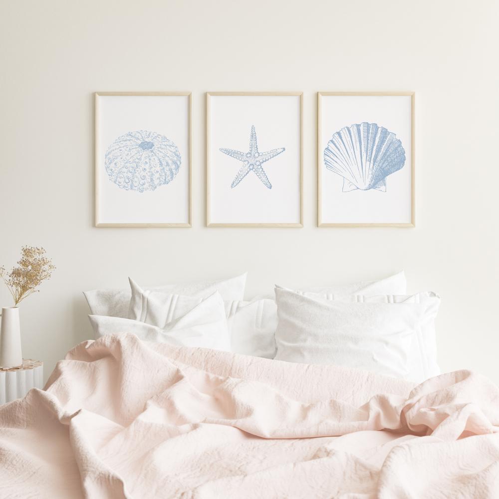 Coastal Seashell Wall Art Set,  Digital Prints, Nautical Shell Decor, Beach House Printable, Set of 3,  Instant Download, Dusty Blue, 16x20