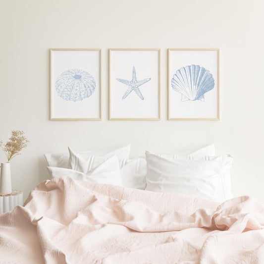 Coastal Seashell Wall Art Set,  Digital Prints, Nautical Shell Decor, Beach House Printable, Set of 3,  Instant Download, Dusty Blue, 16x20