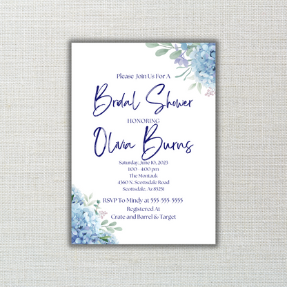 Blue Hydrangeas Watercolor Floral Bridal Shower Invitation