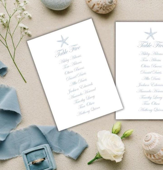 Starfish Beach Wedding Seating Chart: Dusty Blue Calligraphy with free personalization
