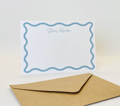 Dusty Blue Wavy Border Personalized Flat Notecard, Pack of 10 - Gallery360 Designs