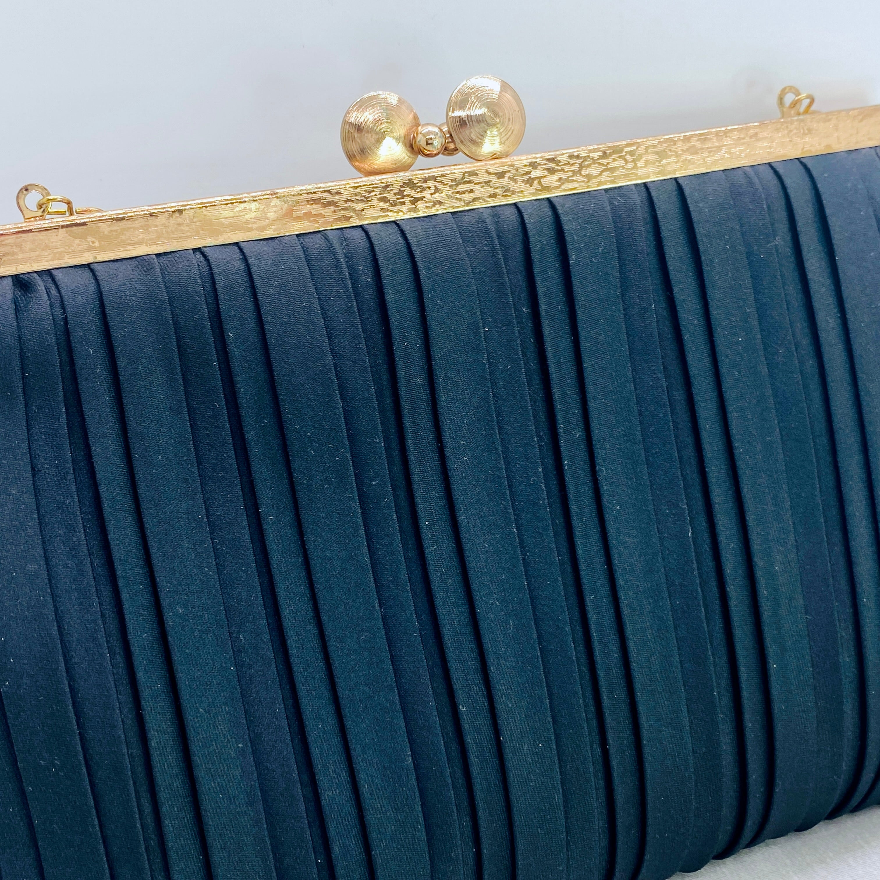 Vintage Henry Birks Black Pleated Satin Evening Bag – Gold Frame & Chain