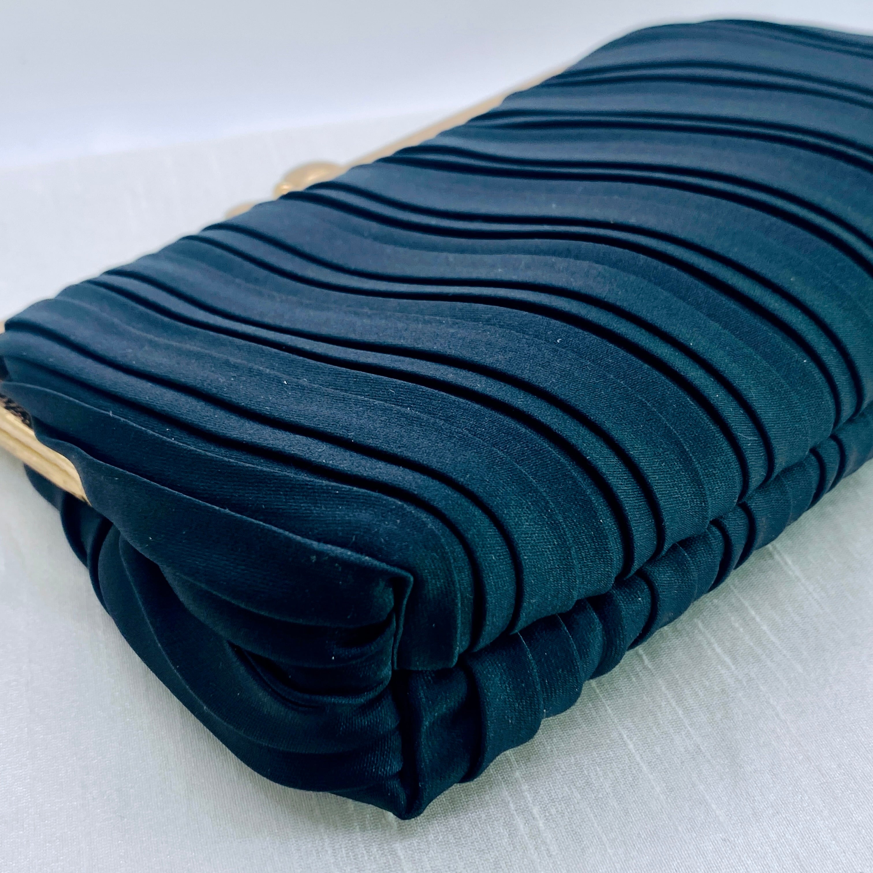 Vintage Henry Birks Black Pleated Satin Evening Bag – Gold Frame & Chain
