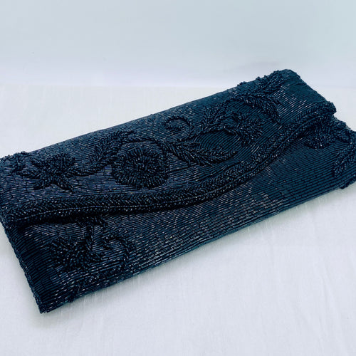 1950s Black Beaded Floral Clutch