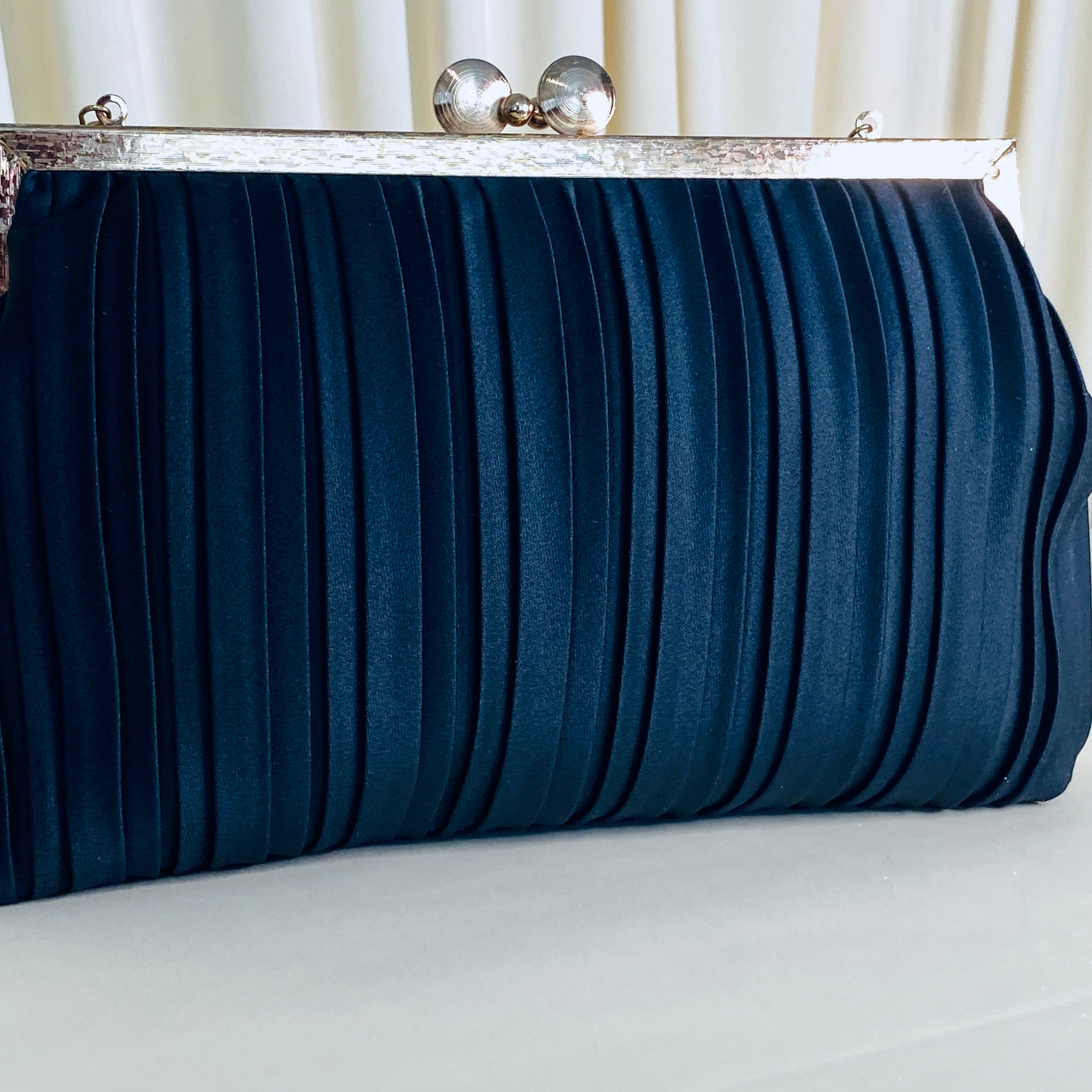 Vintage Henry Birks Black Pleated Satin Evening Bag – Gold Frame & Chain
