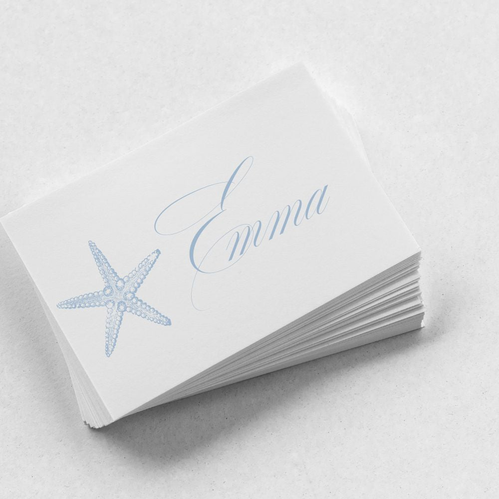 Dusty Blue Starfish Place Cards, Beach Wedding Gallery360 Designs