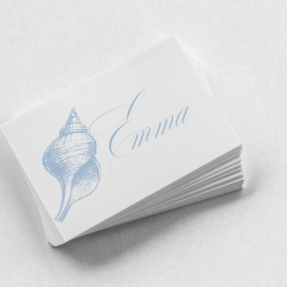 Dusty Blue Shell Place Cards, Beach Wedding Gallery360 Designs