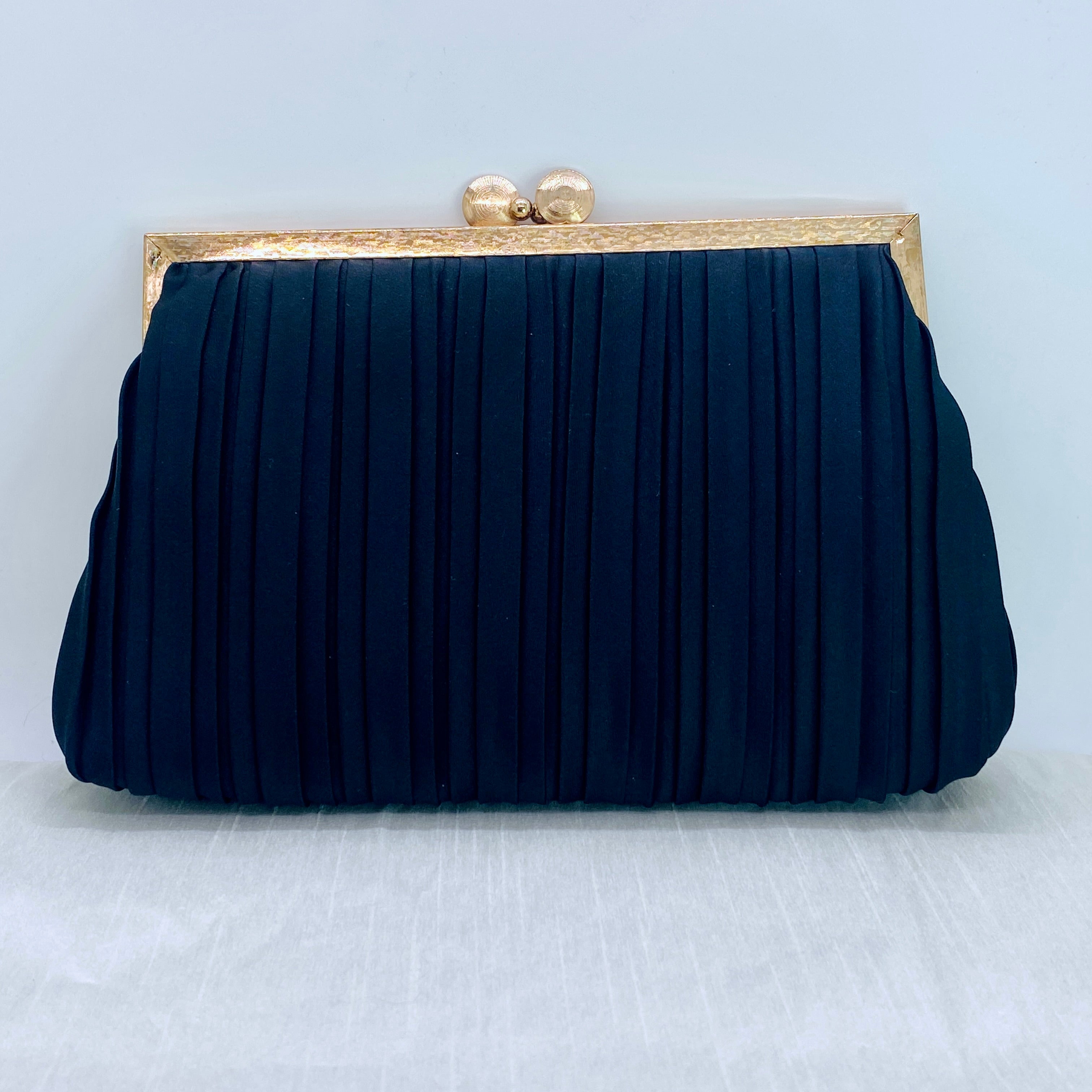 Vintage Henry Birks Black Pleated Satin Evening Bag – Gold Frame & Chain